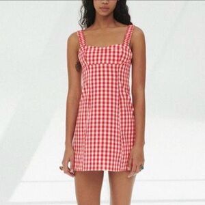 Zara Women’s Medium Red Gingham Mini Dress Square Neck Smocking Checkered